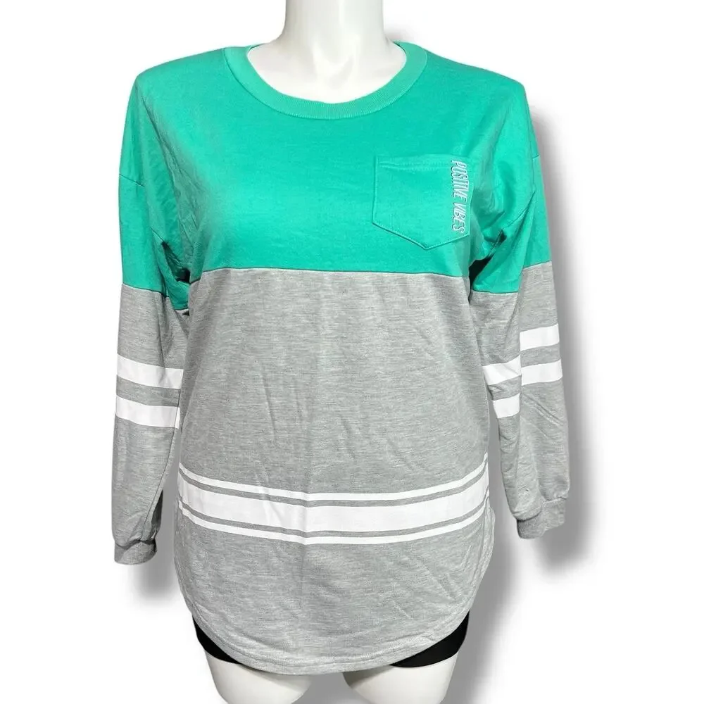 Rue 21 Womens Positive Vibes Sporty Sweatshirt Pullover Long Sleeve Gray Teal La